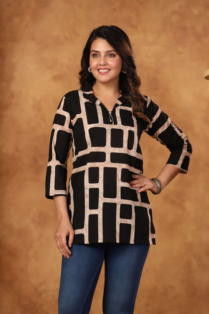 Black Cotton Short Kurti One Pcs