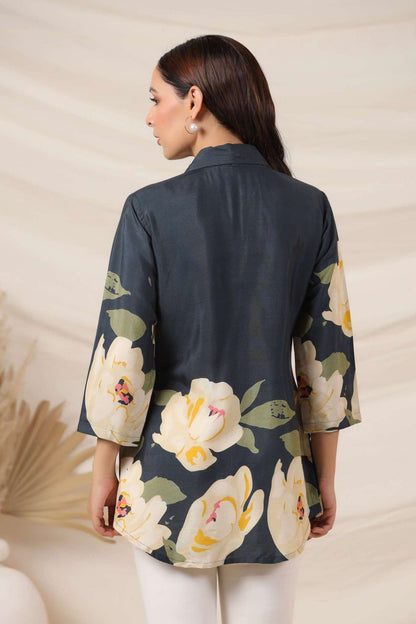 Peacock Blue Crepe Short Kurti One Pcs