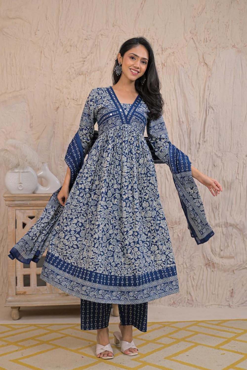 Navy Blue Cotton Kurti Plazo