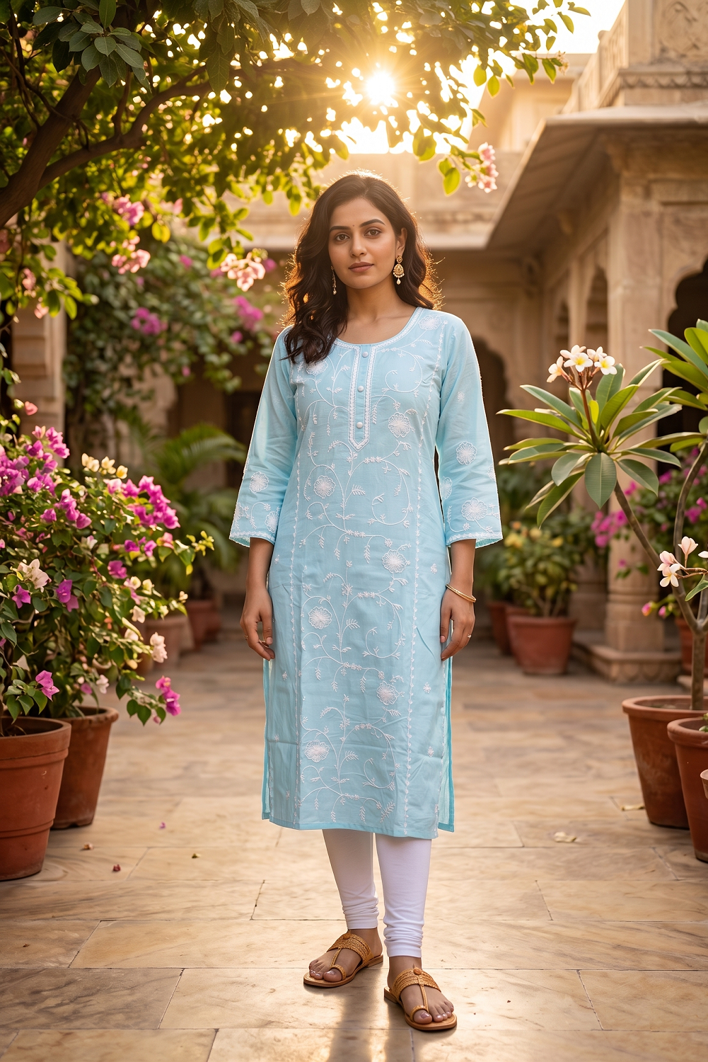 Sky Blue Cotton Aari Work Straight Kurti