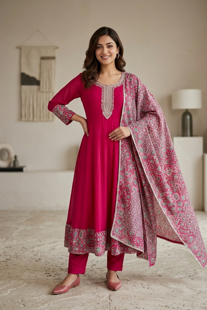 Dark Rose Chinon Kurti Frock 3 Pieces Set