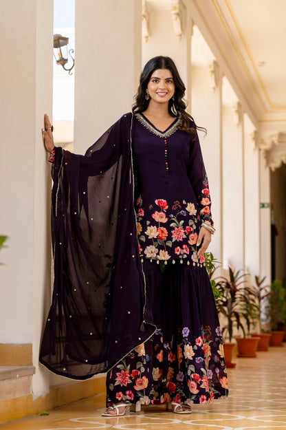 Dark Violet Chinon Short Kurti 3 Pieces Set