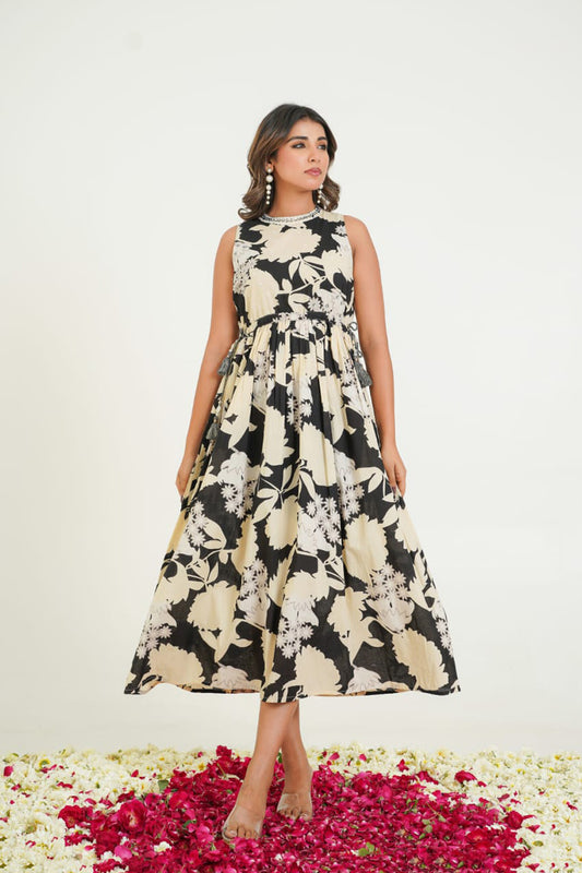 Black Cotton Printed Frock Kurti