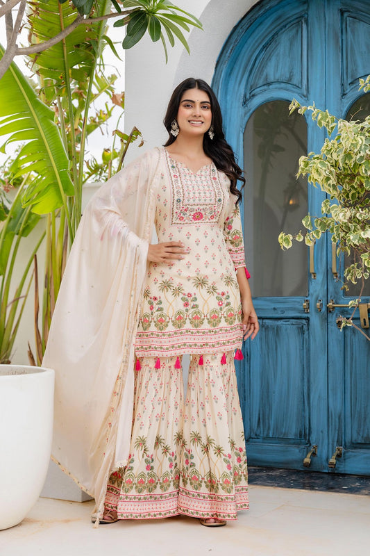 Cream Crepe Garara Kurti 3 Pieces Set