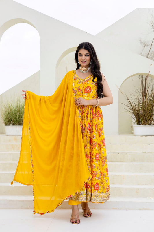 Yellow Chinon Frock Kurti 3 Pieces Set