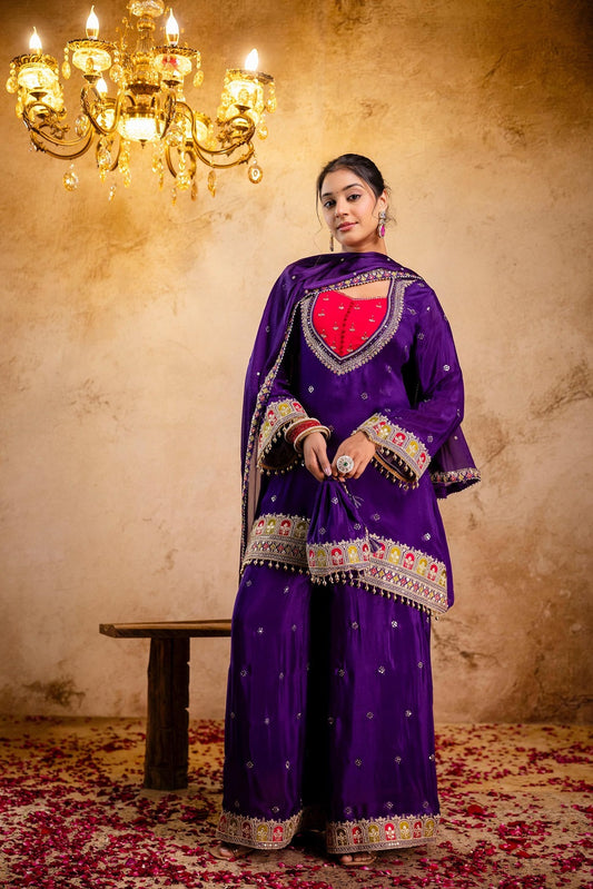 Violet Chinon Kurti Plazo 3 Pieces Set
