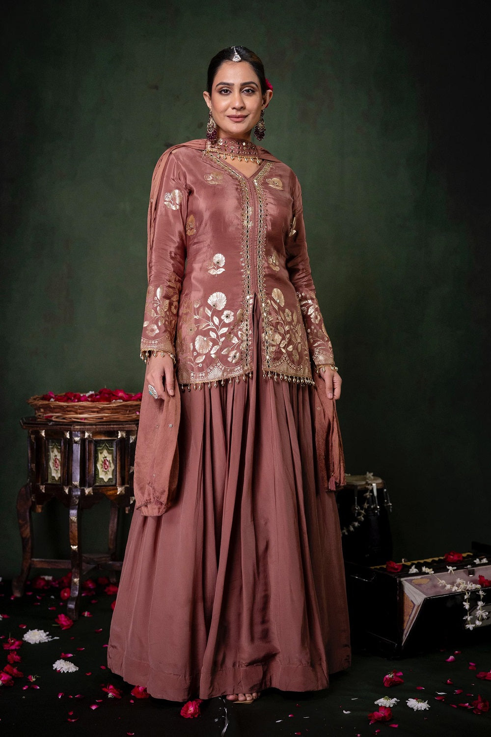 Copper Chinon Partyqueen Kurti Skirt 3 Pieces Set