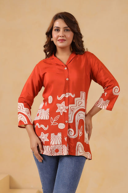 Orange Crepe Short Kurti One Pcs