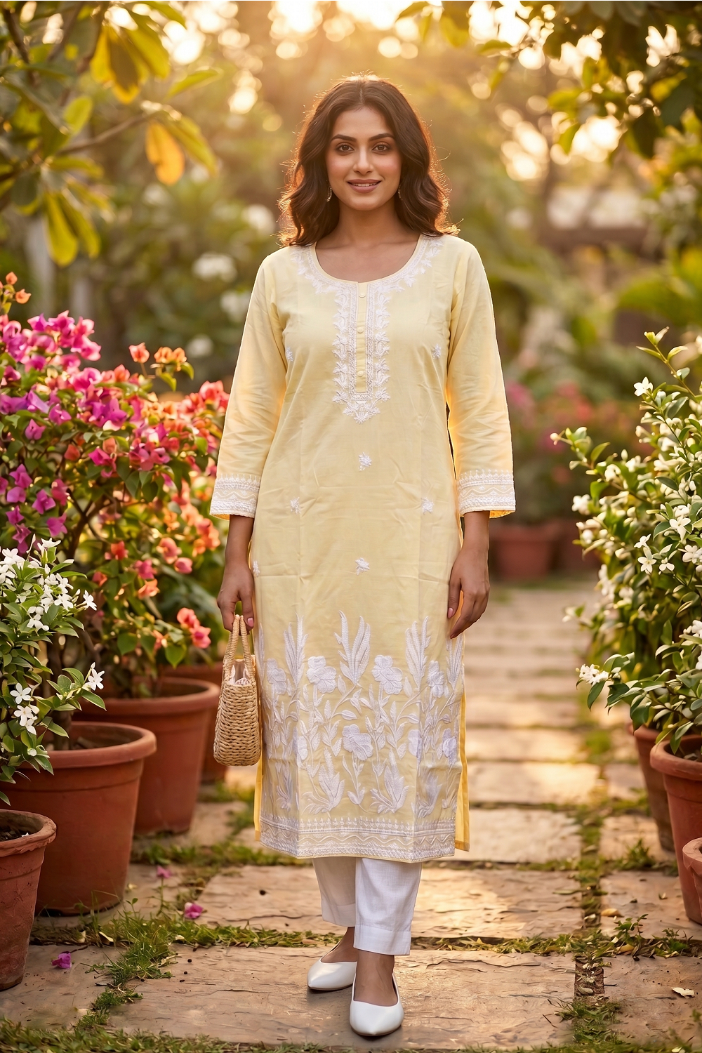 Light Lemon Yellow Cotton Aari Work Straight Kurti