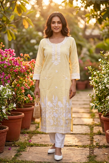Light Lemon Yellow Cotton Aari Work Straight Kurti