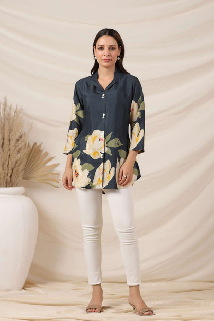 Peacock Blue Crepe Short Kurti One Pcs