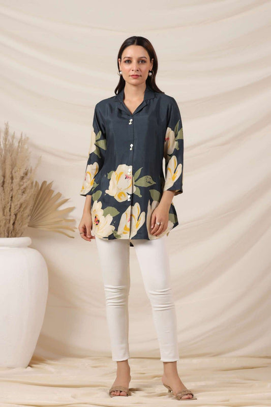 Peacock Blue Crepe Short Kurti One Pcs