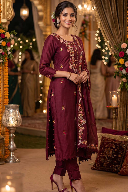Dark Wine Silk Kurti Pant
