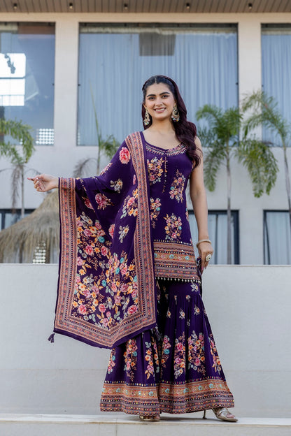 Violet Crepe Sharara Kurti 3 Pieces Set