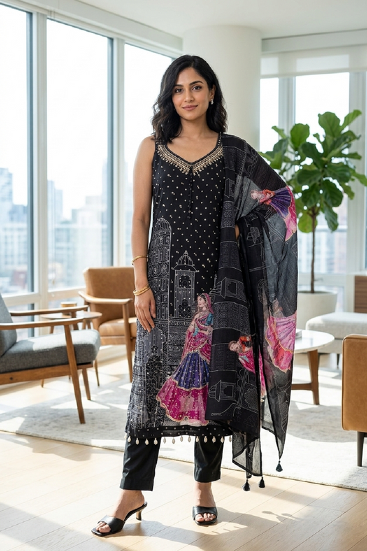 Black Chinon Kurti Pant 3 Pieces Set
