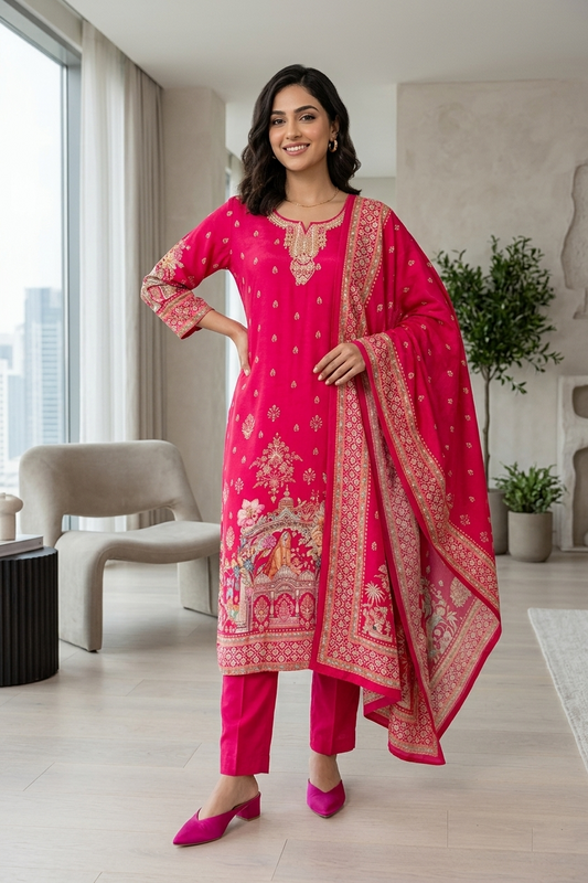 Rani Pink Crepe Kurti Pant 3 Pieces Set