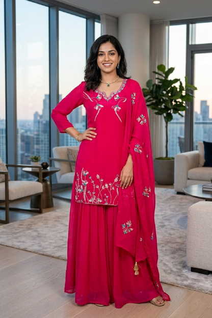 Rani Pink Chinon Garara Kurti 3 Pieces Set