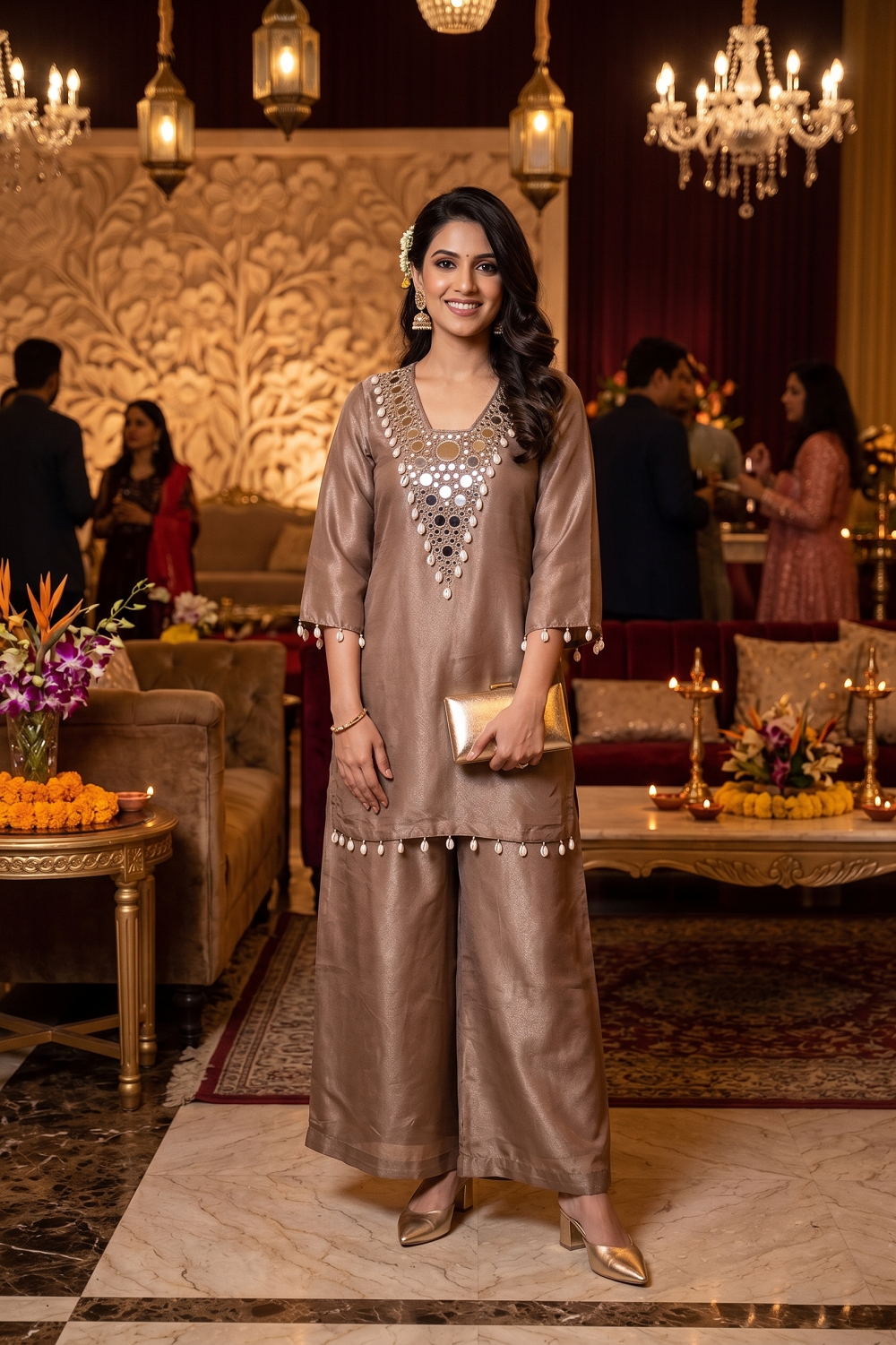 L Brown Tissue Kurti Plazo 3 Pieces Set