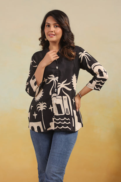Black Crepe Short Kurti One Pcs