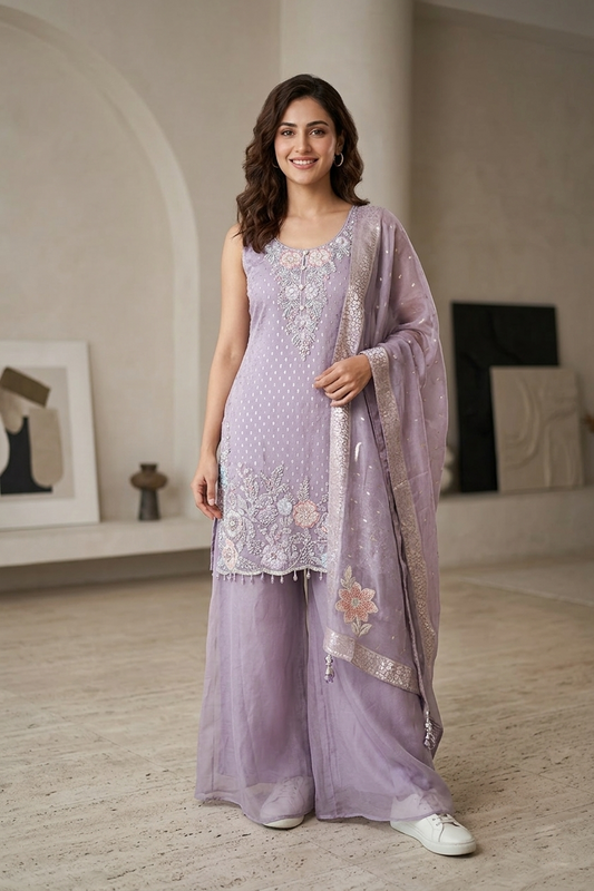 Lavender Silk Garara Kurti 3 Pieces Set
