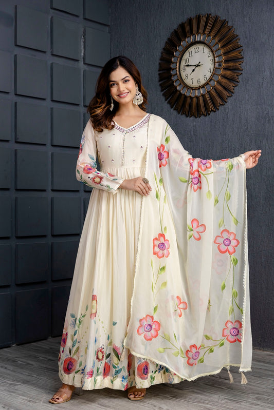 Light Cream Long Kurti With Pant And Dupatta Set