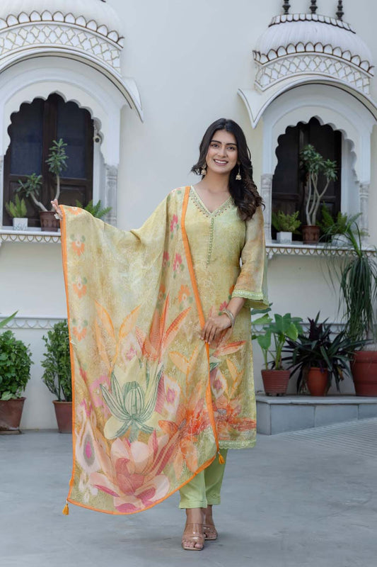 KAIRA LIGHT GREEN PARTYQUEEN KURTI PANT DUPATTA SET