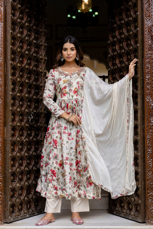 Cream Chinon Frock Kurti 3 Pieces Set