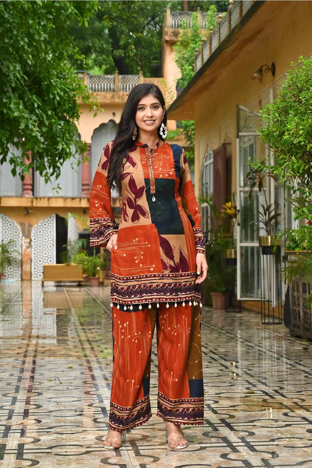 Brown Rayon Kurti Plazo 2 Pieces Set