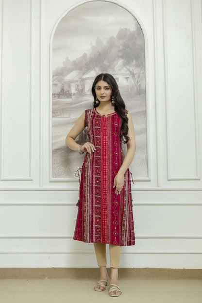Maroon Rayon Handwork Straight Cut Kurti