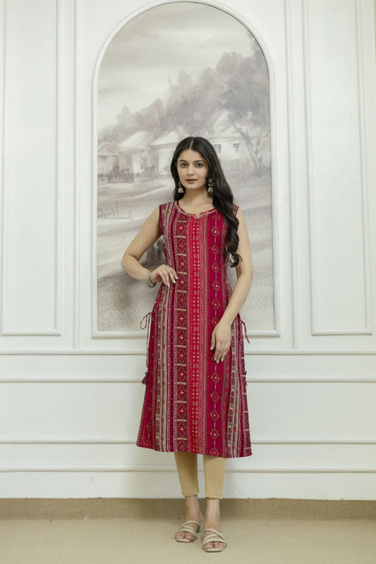 Maroon Rayon Handwork Straight Cut Kurti