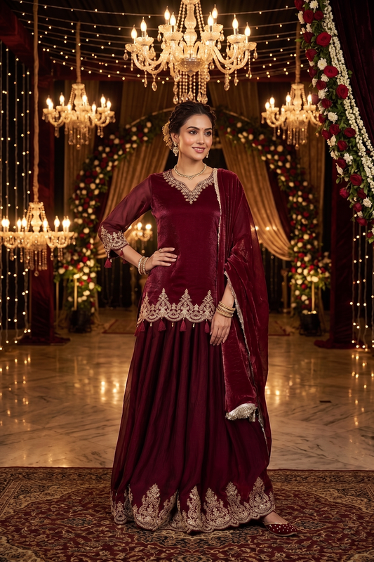 M Pink Fandy Skirt Kurti 3 Pieces Set