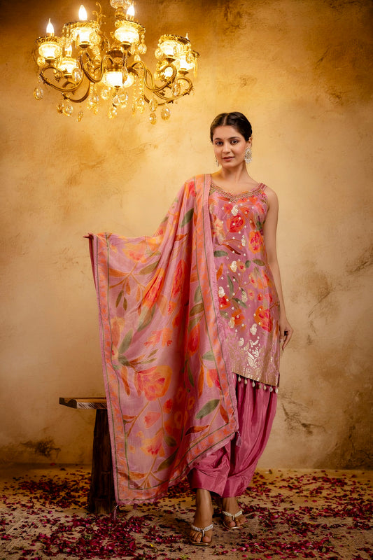 Pink Shimmer Printed Kurti 3 Pieces Set