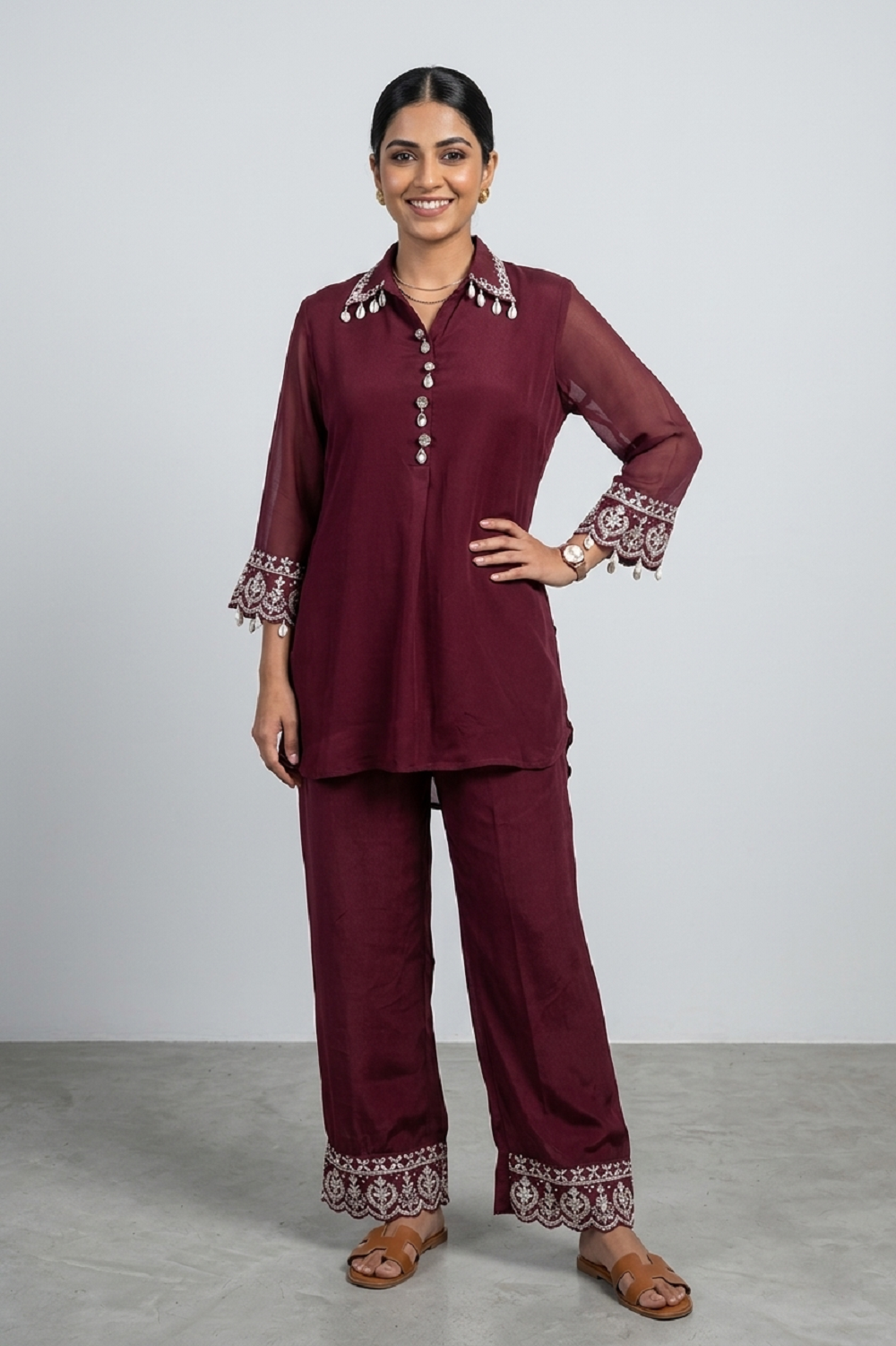 Dark Maroon Chinon Kurti Pant set