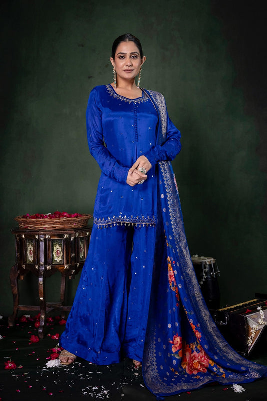 Royal Blue Chinon Garara Kurti 3 Pieces Set