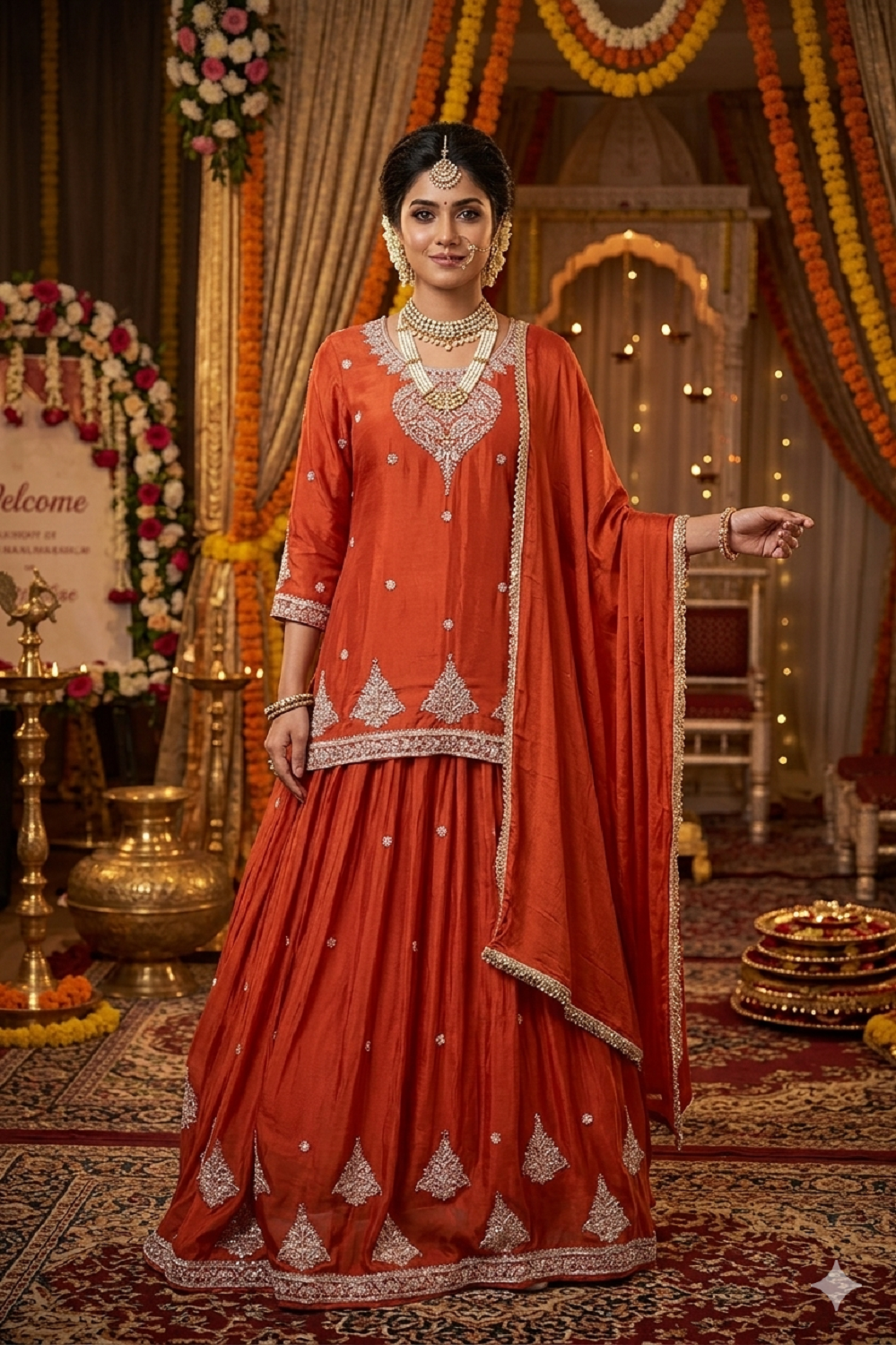 Rust Chinon Kurti With Skirt