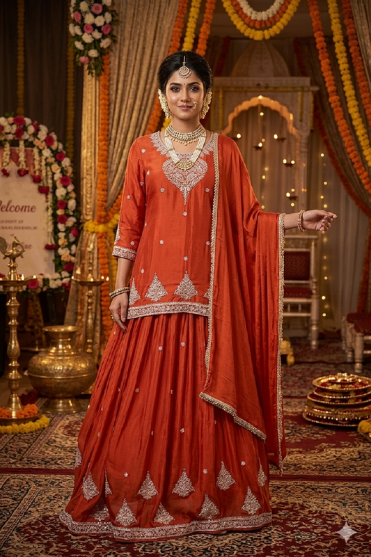 Rust Chinon Kurti With Skirt