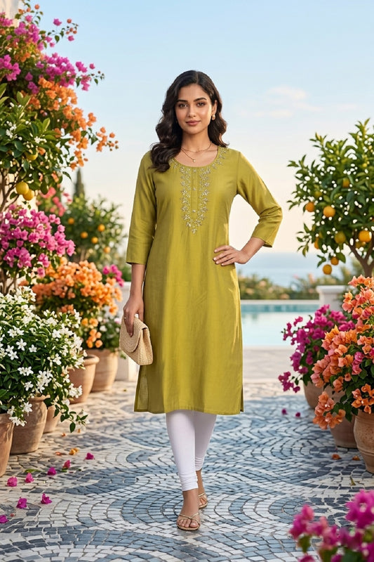 P Green Art Silk Straight Cut Kurti