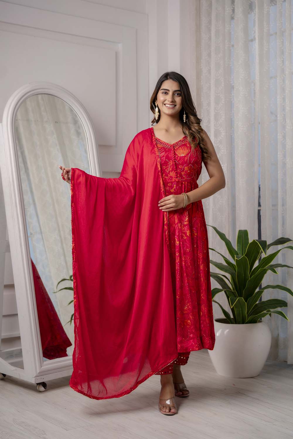 RED PARTYQUEEN KURTI FROCK PANT WITH DUPATTA SET