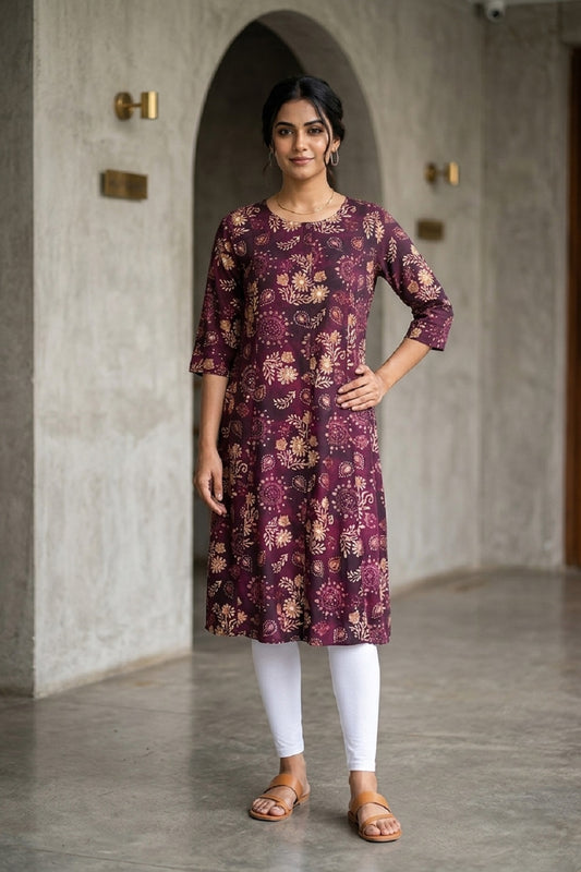 Dark Wine Rayon A-Line Printed Kurti
