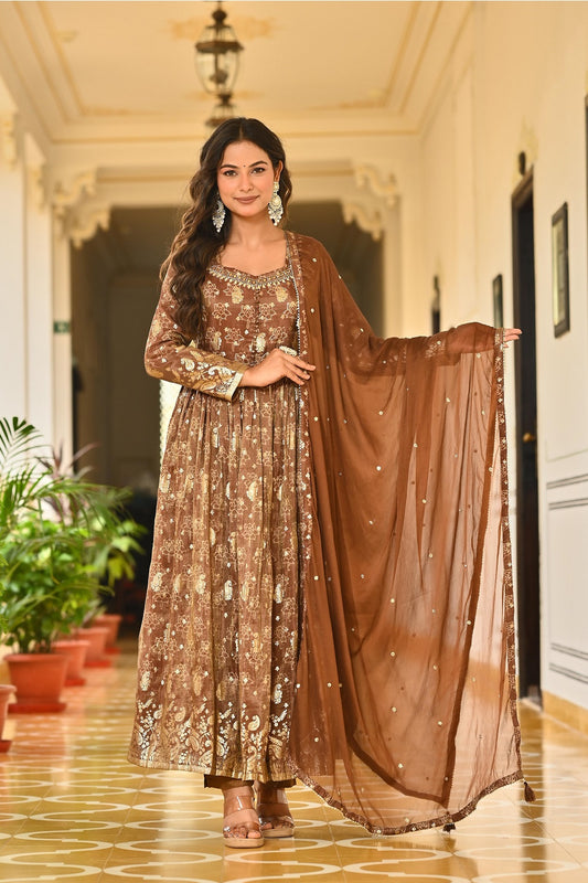 Brown Shimmer Frock Kurti 3 Pieces Set