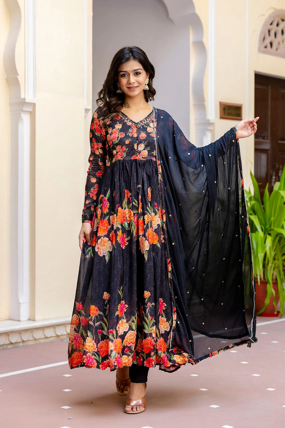 KAIRA BLACK PARTY QUEEN KURTI FROCK PANT DUPATTA SET