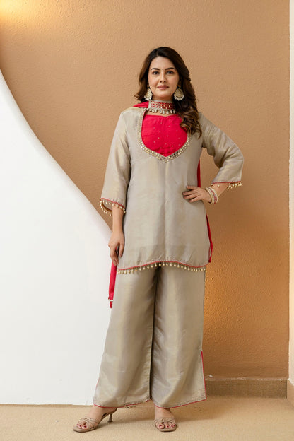 Grey Shimmer Plazo Kurti 3 Pieces Set