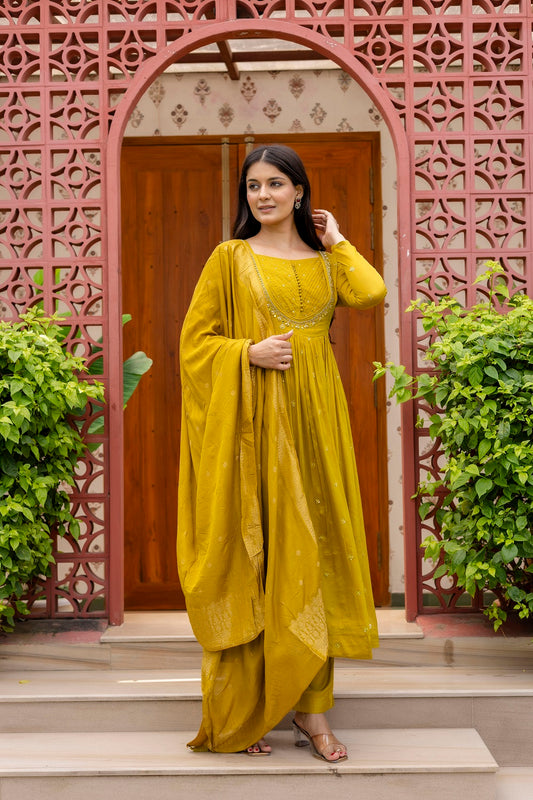 M Green Chinon Frock Kurti 3 Pieces Set
