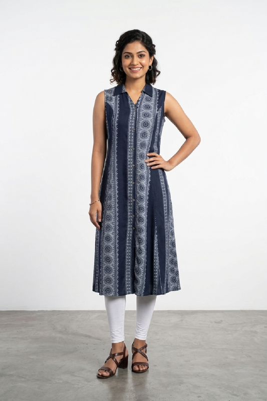 Navy Blue Rayon Printed Aline Kurti
