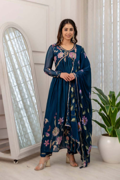 BLUE KURTI FROCK WITH PANT AND DUPATTA SET