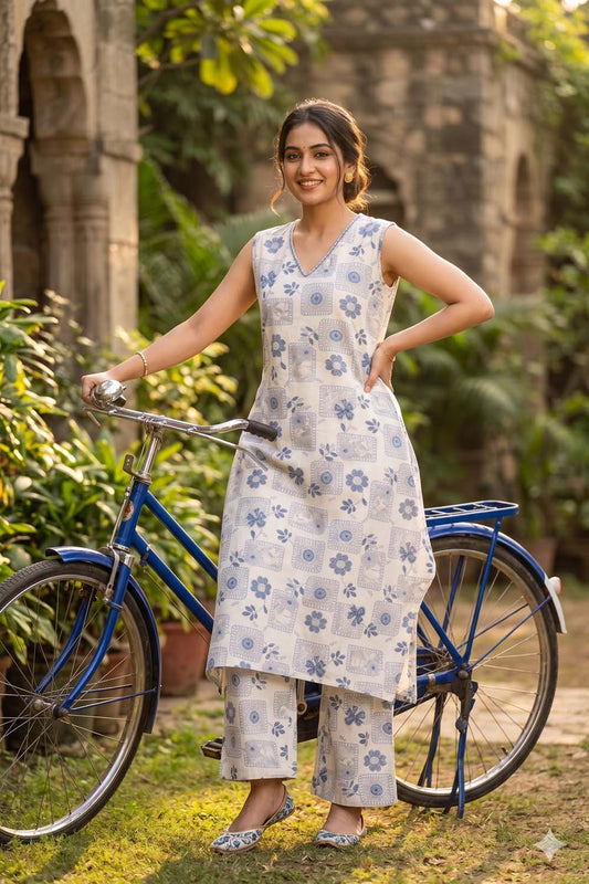 Blue Straight Kurti With Straight Plazo 2pcs Set