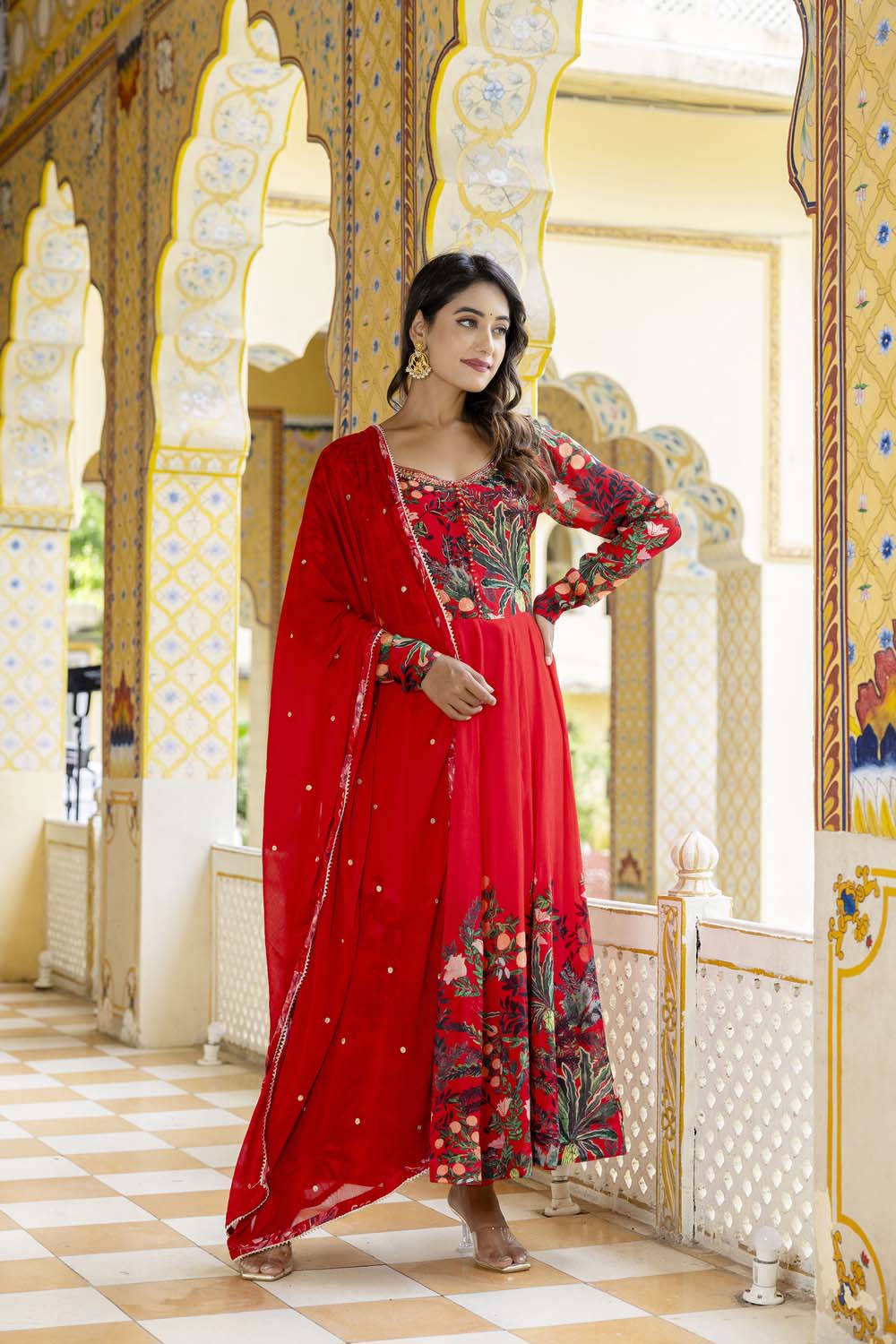 KAIRA RED KURTI FROCK PANT DUPATTA SET