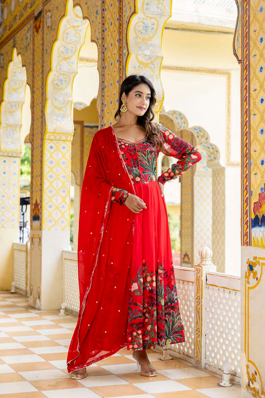 KAIRA RED KURTI FROCK PANT DUPATTA SET