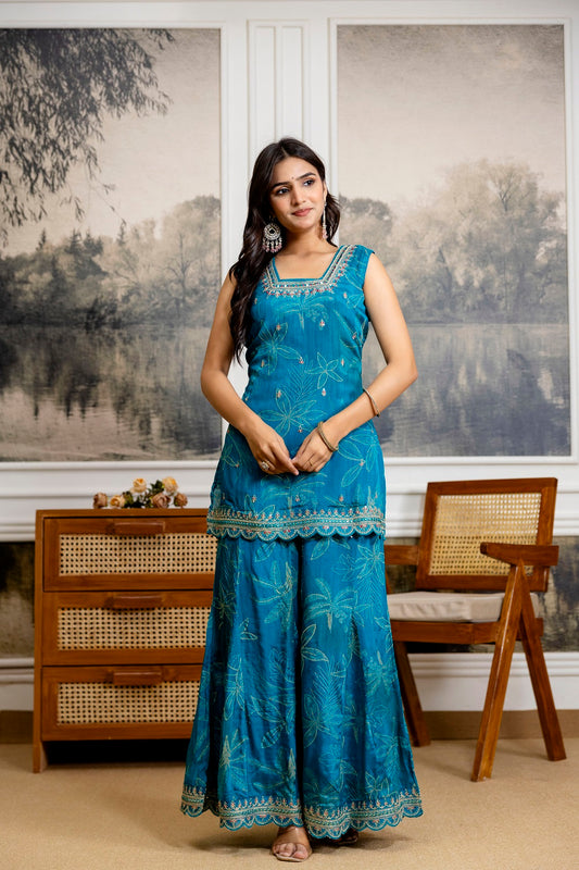 Rama Green Chinon Garara Kurti 3 Pieces Set
