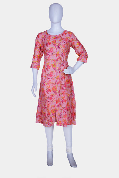 Pink Printed Rayon A-Line Kurti